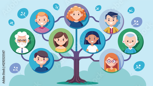 Family tree illustration showing connections among relatives in a vibrant and colorful design, highlighting various generations and relationships