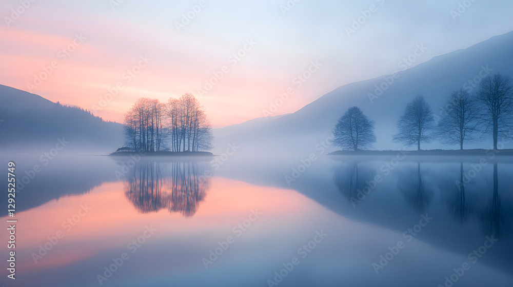 Fototapeta premium Radiant Dawn: Serene Lakeside At Sunrise Illuminates Sky With Ethereal Light Reflecting On Tranquil Waters