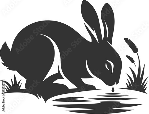 Rabbit drinking water from a pond animal vector silhouette