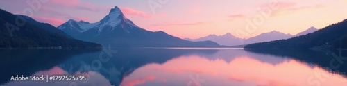 Serene dawn, pastel sky mirrored on still lake, mountain peak , pastel, dusk, view