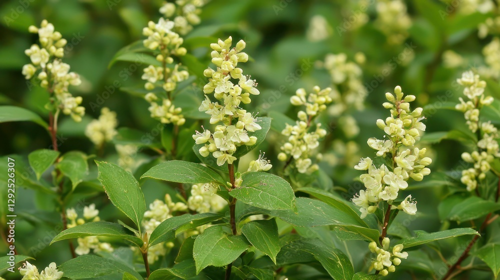 A wild, overgrown shrub with small flowers blooming on its branches