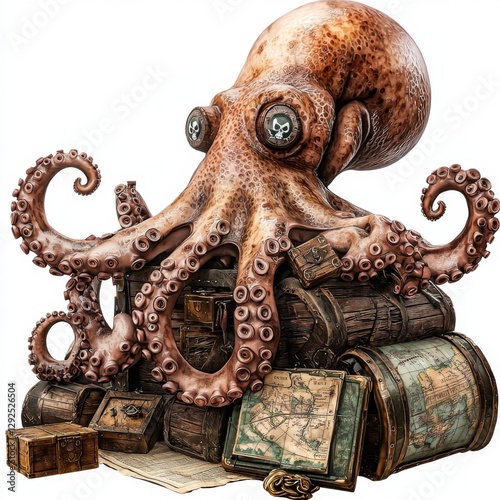 Creative octopus character resting on treasure chests with maps and pirate details in vibrant colors and intricate designs photo