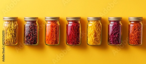 Fototapeta Naklejka Na Ścianę i Meble -  Row of jars filled with colorful spice on yellow background