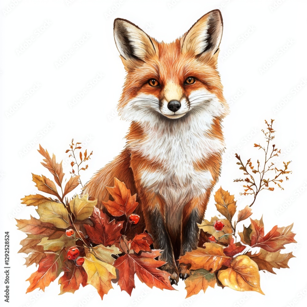 Fototapeta premium Beautiful fox surrounded by vibrant autumn leaves and flowers, showcasing the essence of nature and seasonal change