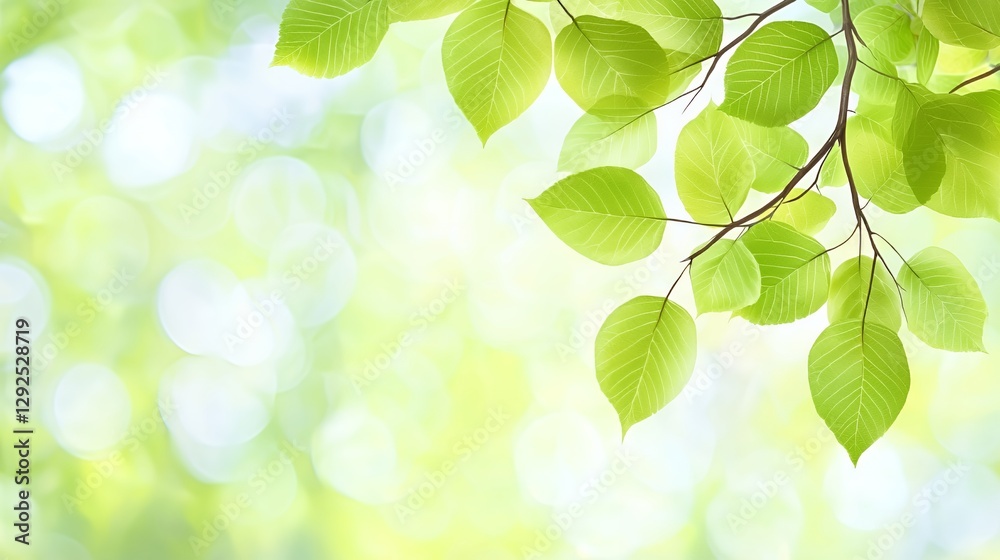Bright Green Leaves on Branch Against Soft Bokeh Background Bright Green Leaves on Branch Against Soft Bokeh Background