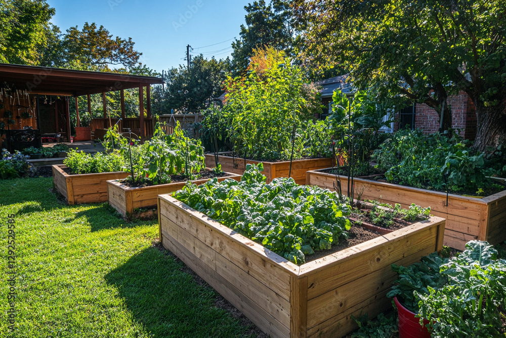 Garden beds thriving under the sun in a vibrant backyard landscape Garden beds thriving under the sun in a vibrant backyard landscape