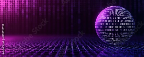 Remote Work Statistics Concepts. Vibrant digital sphere surrounded by a grid of binary code.