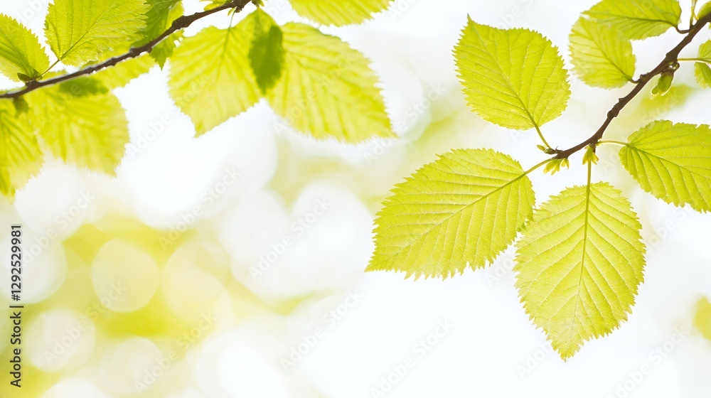 Bright Green Leaves on Branch Soft Light Background Bright Green Leaves on Branch Soft Light Background