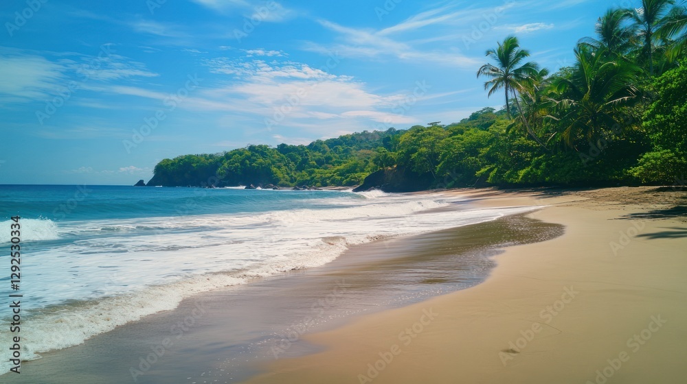 Tropical beach scene with turquoise water, sandy shore, lush green hills, and palm trees under a vibrant blue sky. Tropical beach scene with turquoise water, sandy shore, lush green hills, and palm trees under a vibrant blue sky.