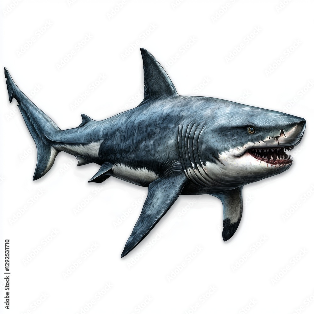 Fototapeta premium Realistic depiction of a great white shark swimming in the ocean showcasing details of its features and natural habitat