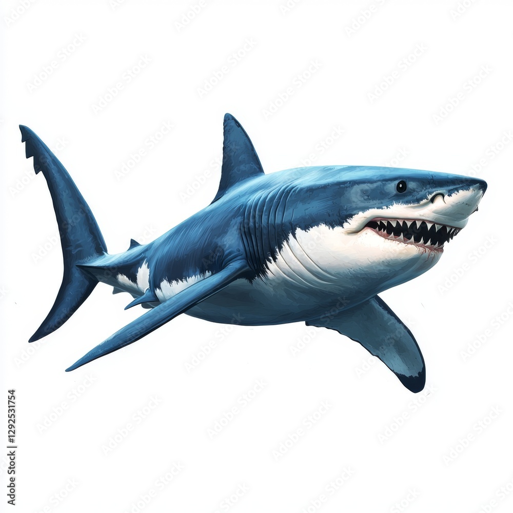 Naklejka premium Realistic illustration of a great white shark swimming in ocean with detailed features and vibrant blue colors