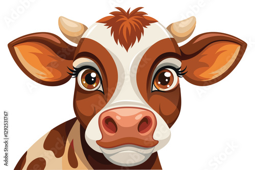 Cute cartoon calf with big eyes and charming expression in bright colors, perfect for children's illustrations and educational materials about farm animals