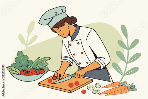 Chef preparing fresh vegetables in kitchen, chopping ingredients to create a delicious meal, focused on culinary skills in a bright workspace