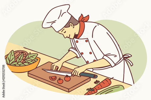 Chef preparing fresh vegetables in kitchen, chopping ingredients to create a delicious meal, focused on culinary skills in a bright workspace