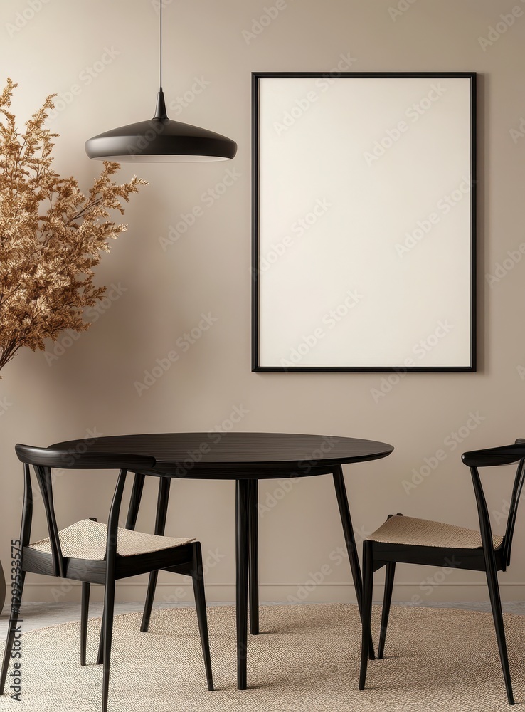Fototapeta premium Minimalist Dining Room Interior with Black Table and Chairs