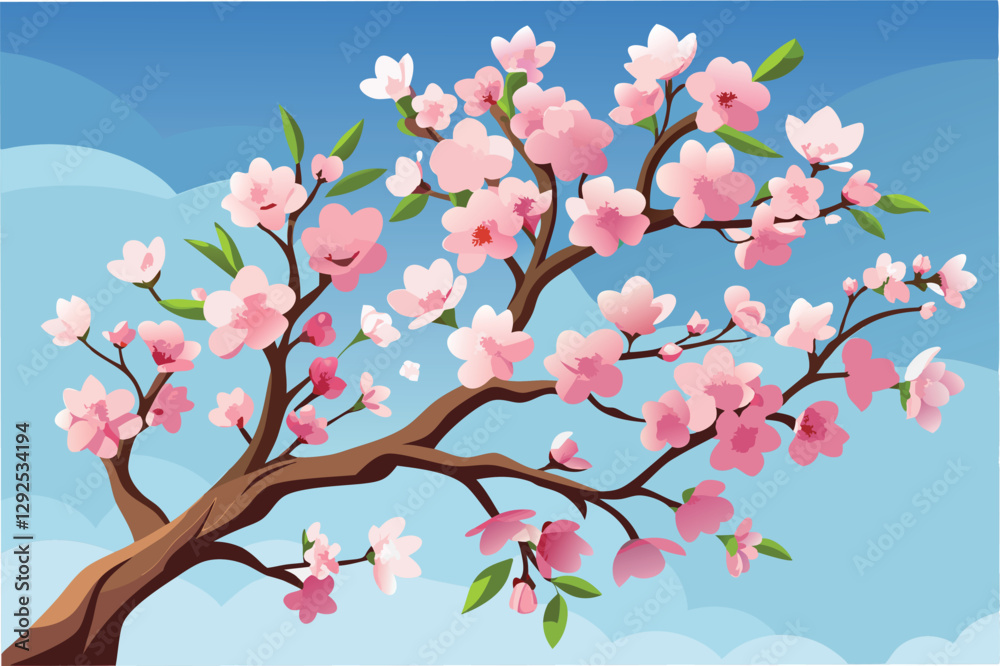 Fototapeta premium Beautiful cherry blossom branch with pink flowers against a clear blue sky during springtime