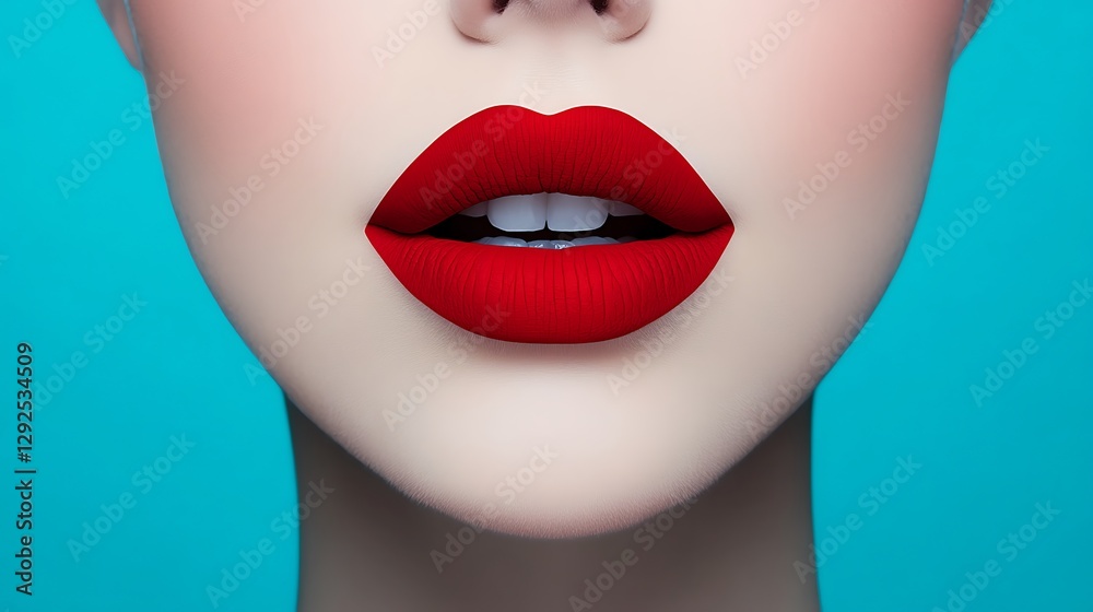 Vibrant Red Lips: Close-up Beauty Shot Against Teal Background AI Generated Vibrant Red Lips: Close-up Beauty Shot Against Teal Background AI Generated