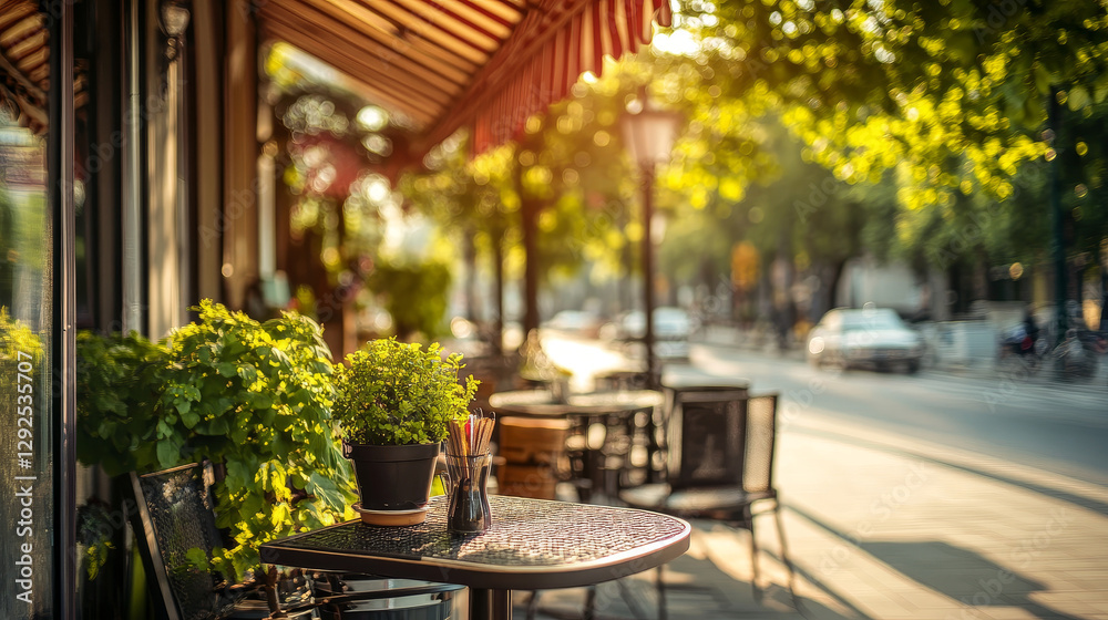 Obraz premium Outdoor cafe booth with table on street scene cartoon illustration. Outside restaurant in park and urban landscape. Cafeteria business with coffee and striped canopy exterior. Lounge area to drink and