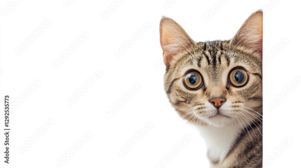 Curious tabby cat peeks around corner. Curious tabby cat peeks around corner.