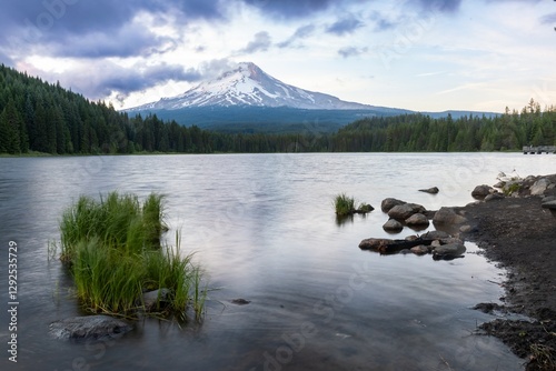 Peaceful Trillium Lake scene at sunset with Mt. Hood. Tranquil water reflects the majestic mountain. Oregon, United States photo