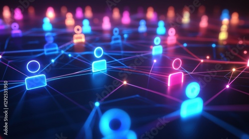 Futuristic digital network showcasing vibrant 3D avatars interconnected with glowing neon lines in an imaginative landscape. Generative AI