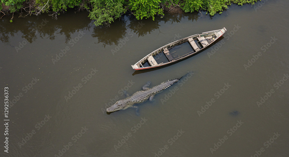 Naklejka premium Aerial view of a massive crocodile swimming beside an old wooden boat in a murky river, surrounded by lush green mangroves.