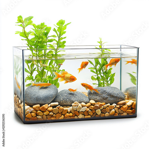Beautiful Goldfish Aquarium, Tranquil Underwater Scene with Green Plants, Smooth Stones, and Clear Water.
