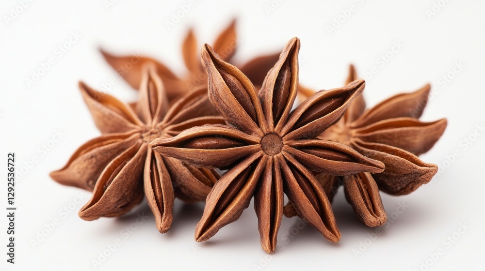 Star anise against a white background, kitchen spices for cooking. Star anise against a white background, kitchen spices for cooking.