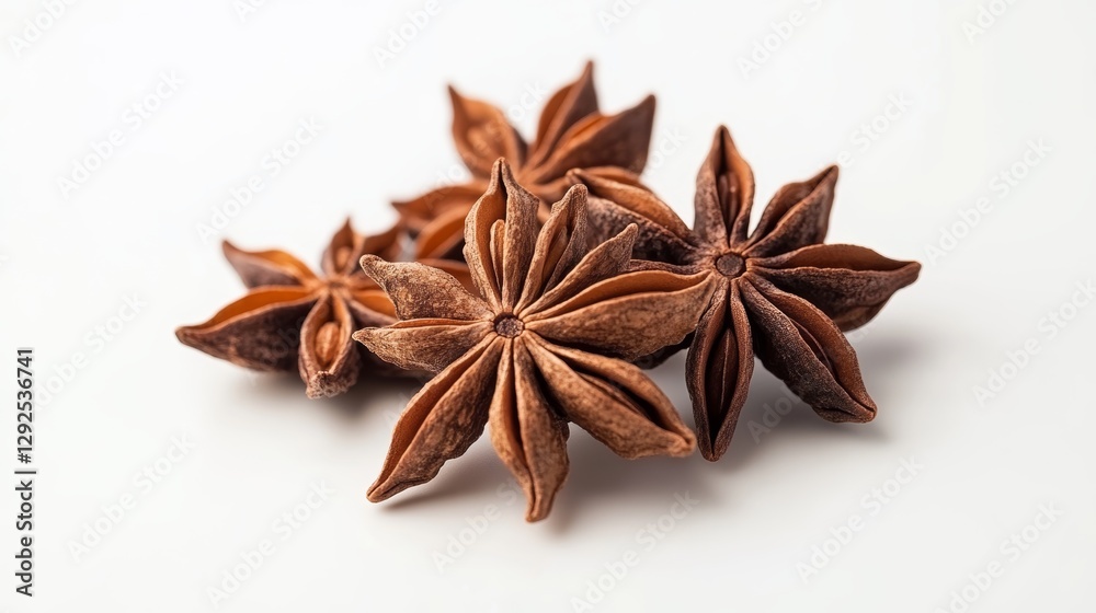 Star anise against a white background, kitchen spices for cooking. Star anise against a white background, kitchen spices for cooking.