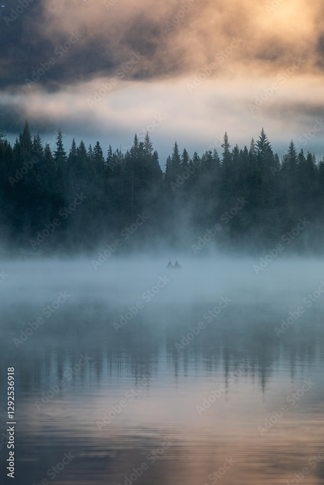 Fototapeta premium Misty morning on Trillium Lake. Two fishermen in a small boat, silhouetted against the fog. Peaceful scene. Oregon, United States