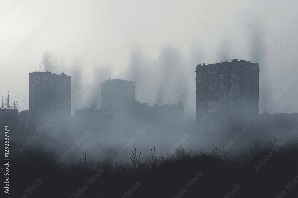 Cityscape enveloped in gray smog with overlooked silhouettes of buildings and open sky for text. Generative AI