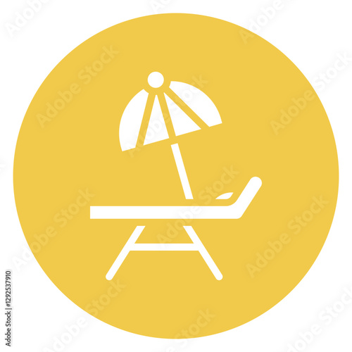 Minimalist Line Art Circular Beach Lounge Chair with Striped Umbrella Icon