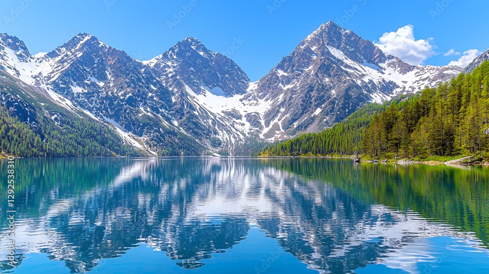 Snow Capped Mountains Reflecting in a Calm Turquoise Lake Snow Capped Mountains Reflecting in a Calm Turquoise Lake