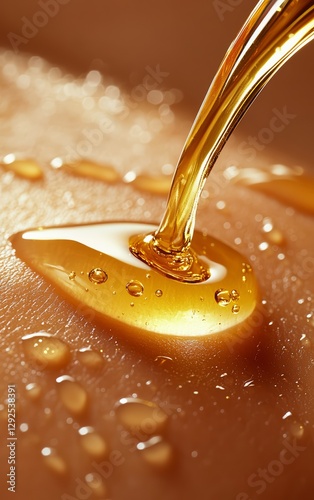 A dynamic stream of oil being poured onto smooth skin, glowing and vibrant, ultraclear detail, isolated on white background photo