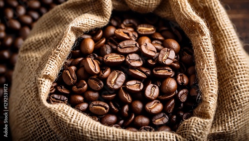 Aromatic coffee beans in rustic burlap sack