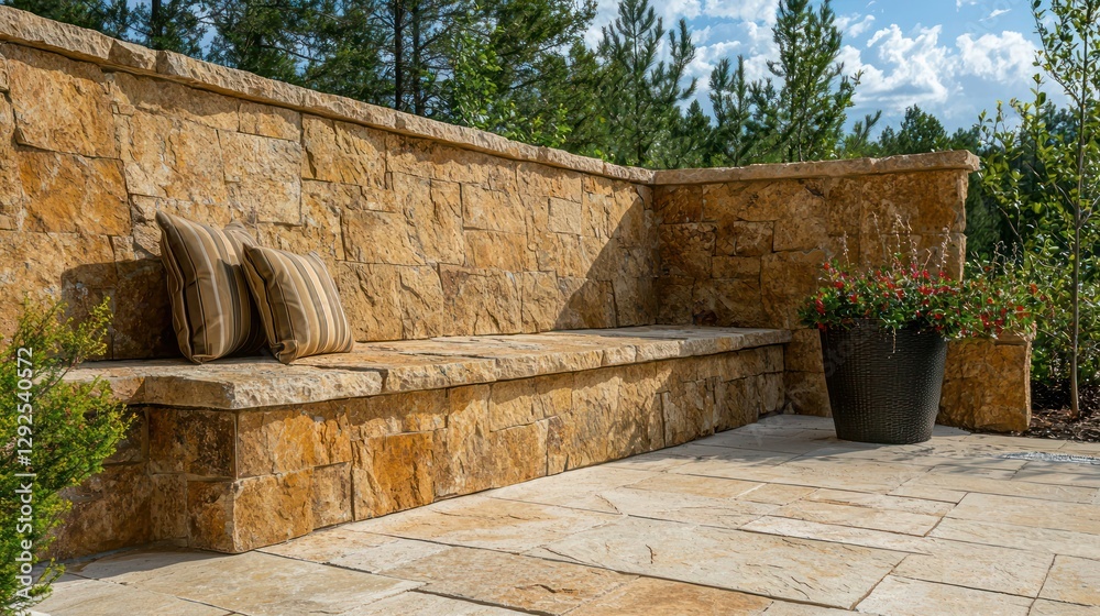 Golden-brown travertine rock walls in a rustic outdoor patio setting, blending nature and architecture Golden-brown travertine rock walls in a rustic outdoor patio setting, blending nature and architecture