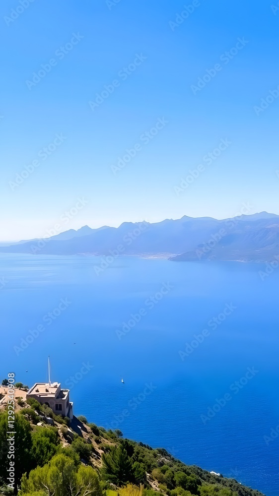 Fototapeta premium Bright and Clear View from Cap Formentor with Serene Mediterranean Waters and Serra de Tramuntana Mountains