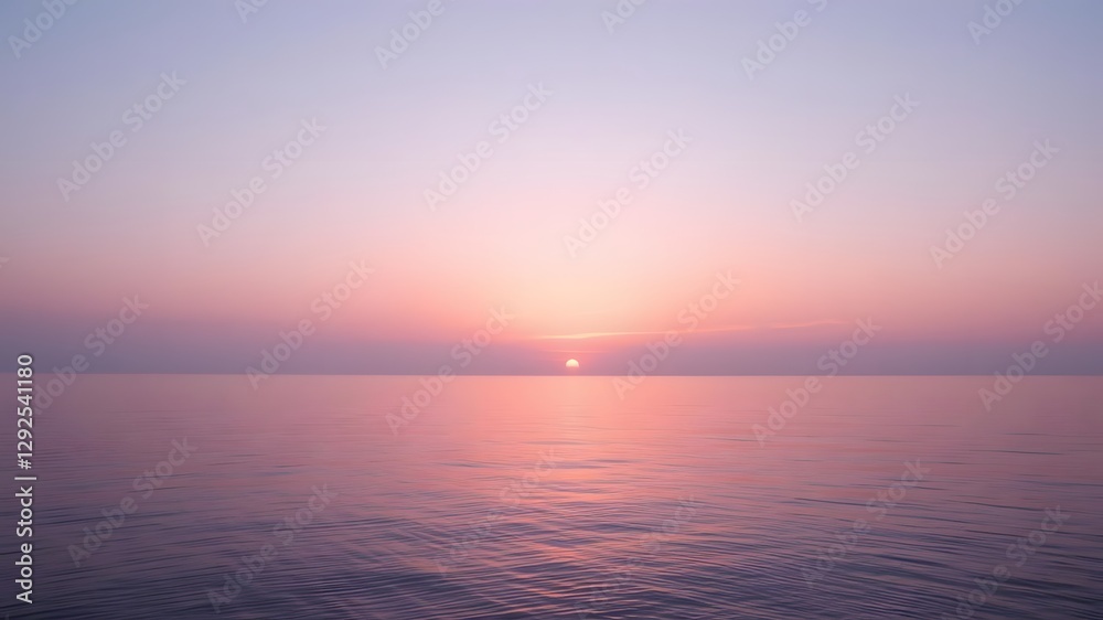 Naklejka premium A serene sunset over the peaceful sea with soft lavender, peach, and pink tones melting into the calm water below