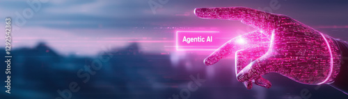 cybernetic humanoid AI hand reaching out in futuristic landscape, showcasing advanced technology and digital elements