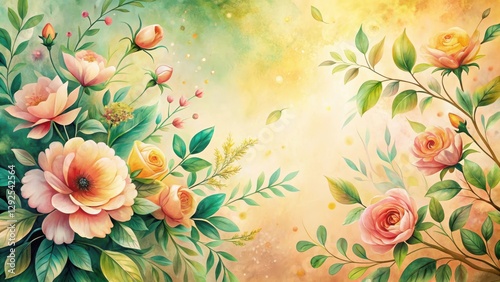 A Delicate Arrangement of Peach and Yellow Roses with Lush Greenery on a Softly Colored Background