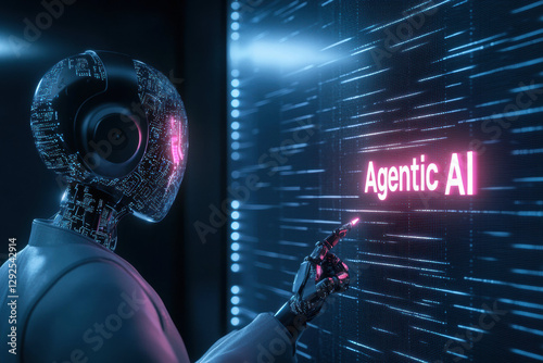 futuristic AI scientist interacting with digital interface, showcasing advanced technology and innovation