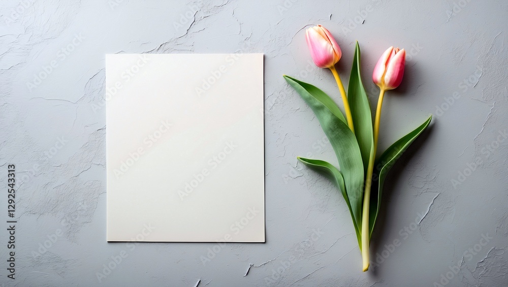 Fototapeta premium Elegant flat lay of fresh tulips on canvas