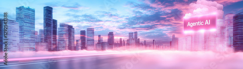 Futuristic cityscape with vibrant colors and advanced technology, showcasing hyper connected environment and Agentic AI