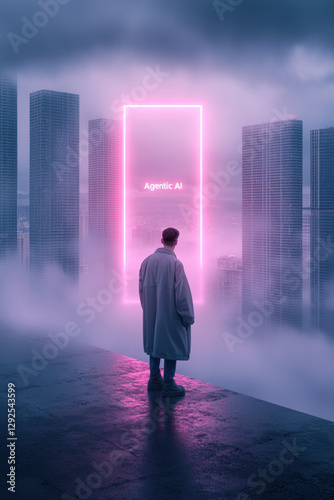 person standing in futuristic cityscape, contemplating glowing portal labeled Agentic AI