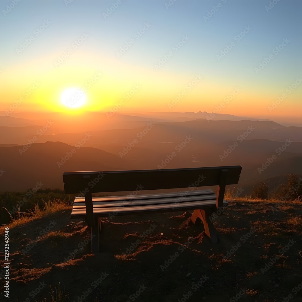 Mountain View Bench with Sunset Overlooking the Valley and Distant Peaks Mountain View Bench with Sunset Overlooking the Valley and Distant Peaks