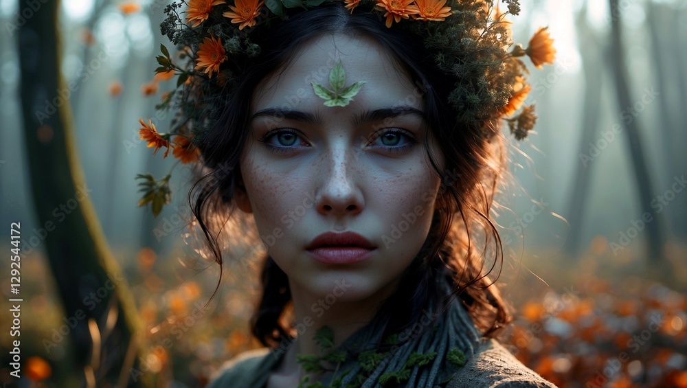 Enigmatic portrait merging nature's beauty with deep emotion Enigmatic portrait merging nature's beauty with deep emotion