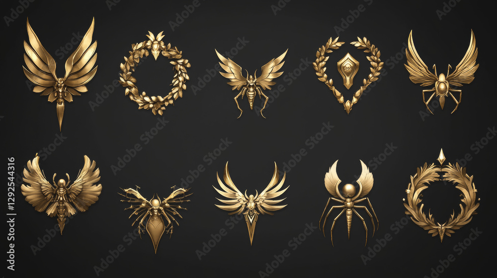 Game level golden ui icons, buttons, empty badges or banners with green glossy plank, gold wings, laurel wreath or spider legs decor. Isolated award or bonus frames, Vector graphic elements for rpg Game level golden ui icons, buttons, empty badges or banners with green glossy plank, gold wings, laurel wreath or spider legs decor. Isolated award or bonus frames, Vector graphic elements for rpg