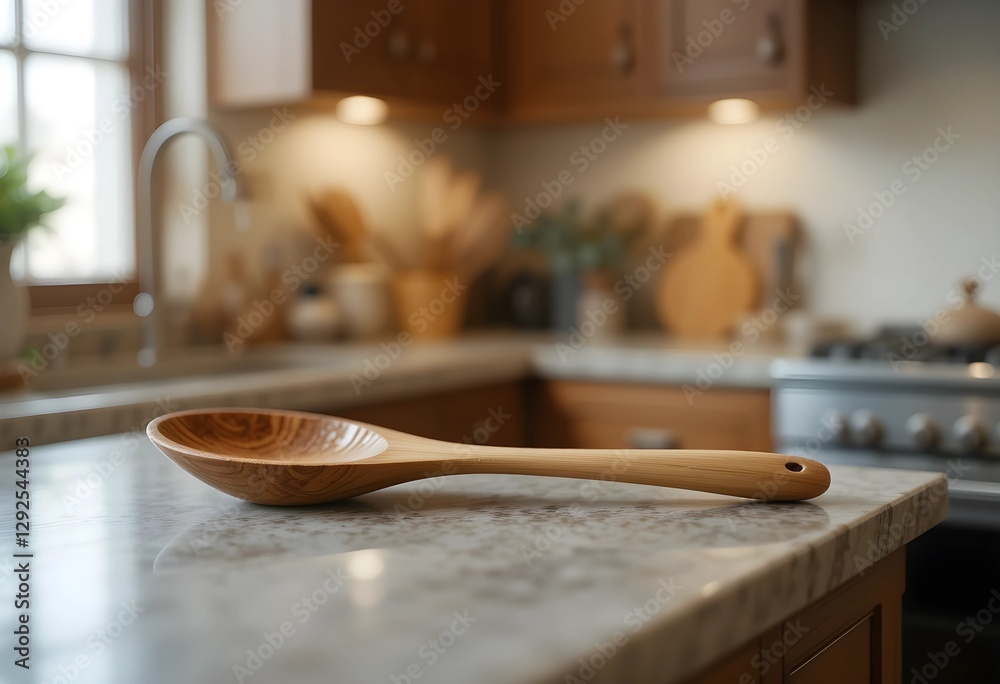 A wooden spoon on a kitchen counter, showcasing its natural wood grain. Soft lighting enhances the rustic kitchen feel. A simple, practical tool for cooking and meal preparation. A wooden spoon on a kitchen counter, showcasing its natural wood grain. Soft lighting enhances the rustic kitchen feel. A simple, practical tool for cooking and meal preparation.