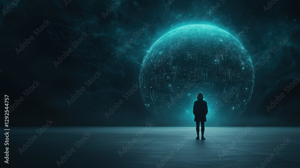 person standing in front of glowing digital sphere in dark environment, evoking sense of wonder and curiosity person standing in front of glowing digital sphere in dark environment, evoking sense of wonder and curiosity