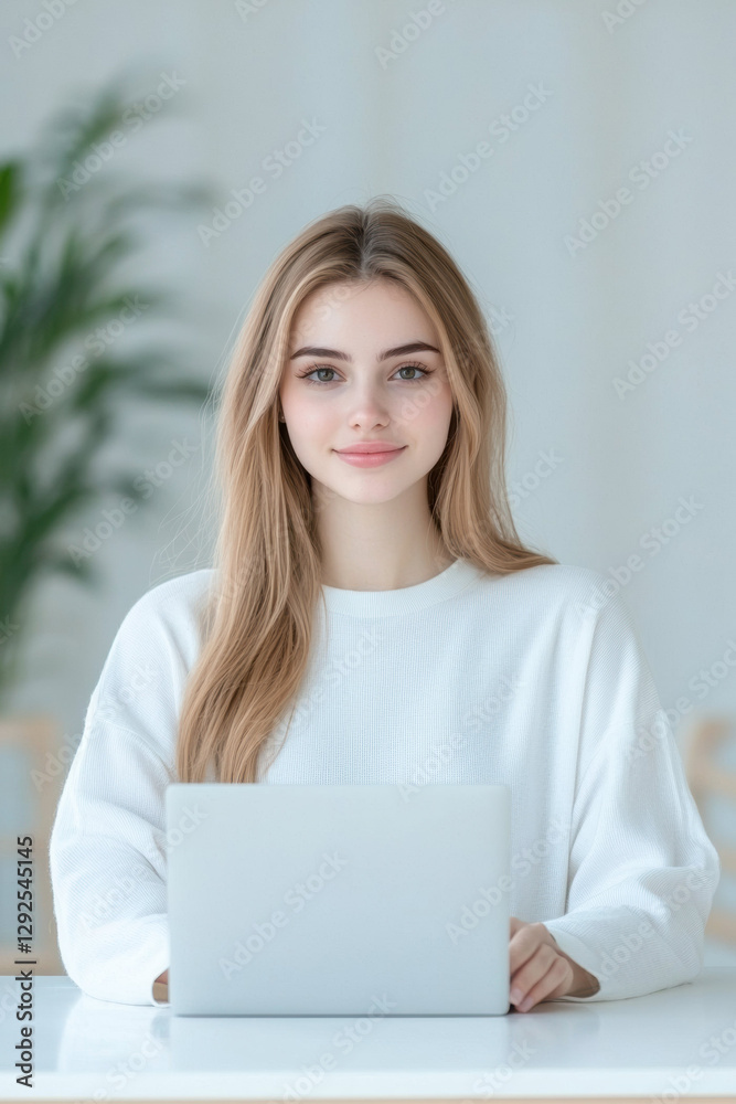 blonde woman in white sweater is using laptop in bright, modern workspace, exuding calm and focused demeanor blonde woman in white sweater is using laptop in bright, modern workspace, exuding calm and focused demeanor